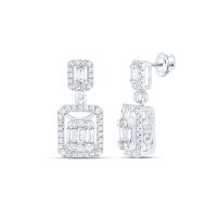 14K White Gold Baguette Diamond Rectangle Dangle Earrings 1 Cttw