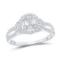 14K White Gold Baguette Diamond Halo Ring 0.75 Cttw
