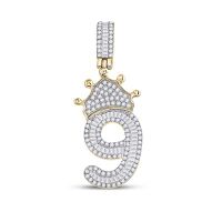 10K Yellow Gold Round Diamond Number 9 Crown Charm Pendant 0.75 Cttw