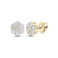10K Yellow Gold Round Diamond Flower Cluster Earrings 1 Cttw
