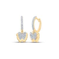 10K Yellow Gold Round Diamond Dangle Hoop Butterfly Earrings 0.25 Cttw