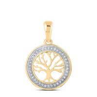 10K Yellow Gold Round Diamond Tree Of Life Circle Pendant 0.10 Cttw