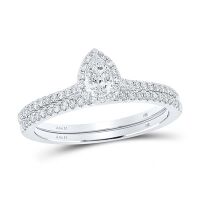 14K White Gold Pear Diamond Halo Bridal Wedding Ring Set 0.63 Cttw (Certified)