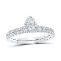 14K White Gold Pear Diamond Halo Bridal Wedding Ring Set 0.50 Cttw (Certified)
