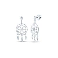10K White Gold Round Diamond Dream Catcher Dangle Earrings 0.10 Cttw