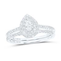 10K White Gold Pear Diamond Halo Bridal Wedding Ring Set 0.38 Cttw