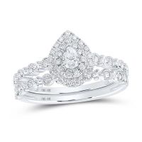 10K White Gold Pear Diamond Halo Bridal Wedding Ring Set 0.38 Cttw