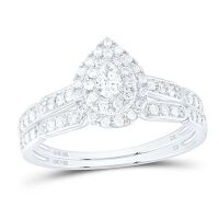 10K White Gold Pear Diamond Halo Bridal Wedding Ring Set 0.38 Cttw