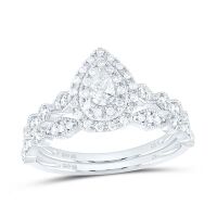 10K White Gold Pear Diamond Halo Bridal Wedding Ring Set 0.38 Cttw