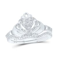 Sterling Silver Round Diamond Claddagh Bridal Wedding Ring Set 0.20 Cttw