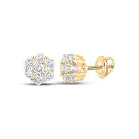 14K Yellow Gold Round Diamond Flower Cluster Earrings 0.50 Cttw