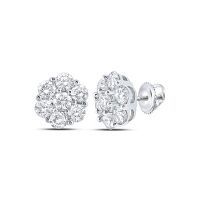 14K White Gold Round Diamond Flower Cluster Earrings 0.88 Cttw