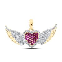 10K Yellow Gold Round Ruby Diamond Wing Heart Pendant 0.38 Cttw