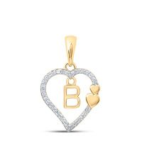 10K Yellow Gold Round Diamond B Heart Letter Pendant 0.10 Cttw