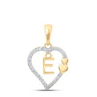 10K Yellow Gold Round Diamond E Heart Letter Pendant 0.10 Cttw