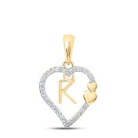 10K Yellow Gold Round Diamond K Heart Letter Pendant 0.10 Cttw