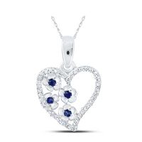 10K White Gold Round Blue Sapphire Diamond Heart Pendant 0.13 Cttw