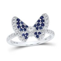 10K White Gold Round Blue Sapphire Diamond Butterfly Ring 0.63 Cttw