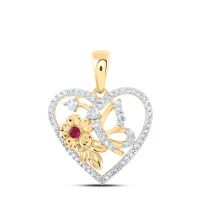 10K Yellow Gold Round Ruby Diamond Butterfly Heart Pendant 0.20 Cttw