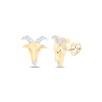 10K Yellow Gold Round Diamond Zodiac Aries Goat Stud Earrings 0.10 Cttw