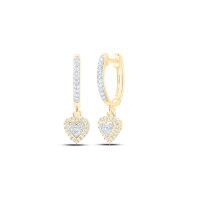 10K Yellow Gold Round Diamond Heart Hoop Dangle Earrings 0.25 Cttw