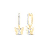 10K Yellow Gold Round Diamond Butterfly Hoop Dangle Earrings 0.17 Cttw
