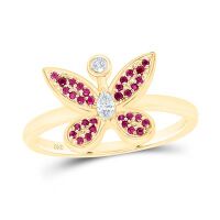 14K Yellow Gold Diamond Ruby Butterfly Ring 0.08 Cttw