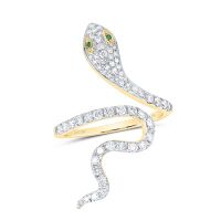 10K Yellow Gold Natural Diamond Round Emerald Snake Ring 0.75 Cttw