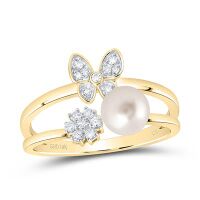10K Yellow Gold Natural Diamond 6mm Pearl Butterfly Ring 1.63 Cttw