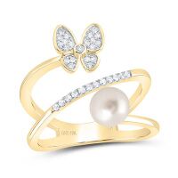10K Yellow Gold Natural Diamond 6mm Pearl Butterfly Ring 1.75 Cttw