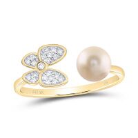 10K Yellow Gold Natural Diamond 6mm Pearl Butterfly Ring 1.50 Cttw