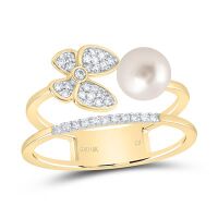 10K Yellow Gold Natural Diamond 6mm Pearl Butterfly Ring 2 Cttw