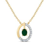 14K Yellow Gold Natural Diamond 4x3mm Emerald Necklace 18 Inch 0.25 Cttw