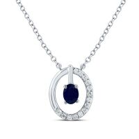 14K White Gold Natural Diamond 4x3mm Blue Sapphire Necklace 18 Inch 0.25 Cttw
