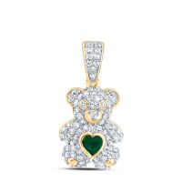 10K Yellow Gold Natural Diamond 3x3mm Emerald Heart Teddy Bear Pendant 0.50 Cttw