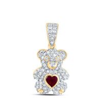 10K Yellow Gold Natural Diamond 3x3mm Ruby Heart Teddy Bear Pendant 0.50 Cttw