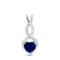14K White Gold Natural Diamond 5mm Heart Blue Sapphire Pendant 0.75 Cttw