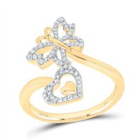 10K Yellow Gold Natural Diamond Butterfly Heart Ring 0.20 Cttw