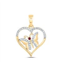 10K Yellow Gold Natural Diamond 1.3mm Round Ruby Butterfly Heart Pendant 0.10 Cttw