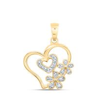 10K Yellow Gold Natural Diamond Flower Heart Pendant 0.05 Cttw