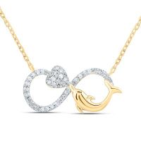10K Yellow Gold Natural Diamond Infinity Dolphin Heart Necklace 18 Inch 0.10 Cttw