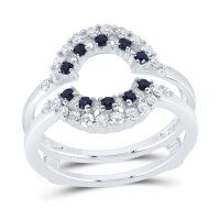 14K White Gold Natural Diamond Round Blue Sapphire Enhancer Ring 0.50 Cttw