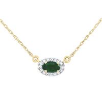 14K Yellow Gold Natural Diamond 5x3mm Emerald Oval Necklace 18 Inch 0.25 Cttw