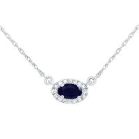 14K White Gold Natural Diamond 5x3mm Blue Sapphire Oval Necklace 18 Inch 0.38 Cttw