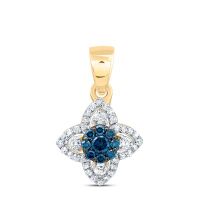 10K Yellow Gold Natural Diamond Blue Diamond Flower Pendant 0.25 Cttw