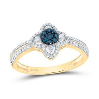 10K Yellow Gold Natural Diamond Blue Diamond Flower Ring 0.50 Cttw