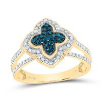 10K Yellow Gold Natural Diamond Blue Diamond Clover Ring 0.50 Cttw