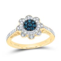 10K Yellow Gold Natural Diamond Blue Diamond Flower Ring 0.38 Cttw