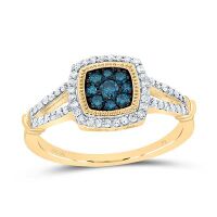 10K Yellow Gold Natural Diamond Blue Diamond Cushion Ring 0.38 Cttw