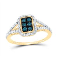 10K Yellow Gold Natural Diamond Blue Diamond Emerald Ring 0.50 Cttw